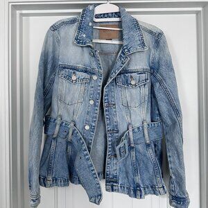 Self-Belt Pleated Denim Trucker Jacket